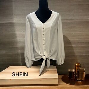 SHEIN, MEDIUM, WHITE, LONG SLEEVE, BUTTON DOWN BLOUSE, N3